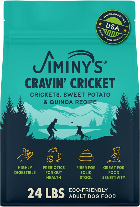 Jiminy's Cravin' Cricket Dry Dog Food, Sensitive Stomach, Improved Gut Health, Probiotic & Prebiotic, Hypoallergenic, Lower Carbon Footprint, Made in USA, 24lb Bag (Pack of 1)