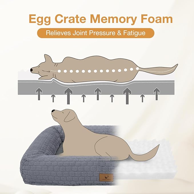 Plush Orthopedic Dog Bed for Medium Large Dogs, Memory Foam Bolster Sofa Bed with Removable Washable Cover, Waterproof Lining & Non-Slip Bottom (Grey-L)