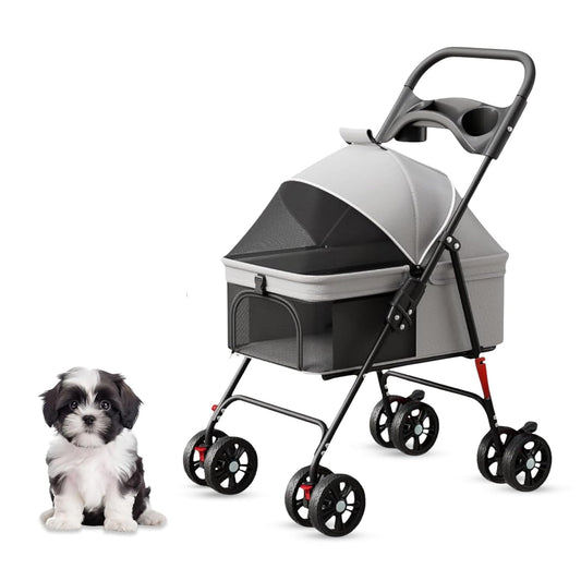 Luxe Haus 4 Wheel Foldable Pet Stroller - Lightweight Dogs and Cats Stroller Upto 44lbs with Mesh Canopy, Storage Basket and Cup Holder, Durable for Walks and Outings (Small)