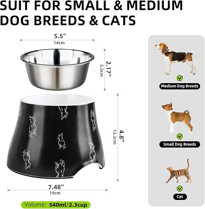 Elevated Dog Bowls with Stainless Steel Bowl, Prevention of Vertebrae Disease Dog Food Bowl, Non-Slip and High Capacity Pet Bowls M/2 Cup (Black)