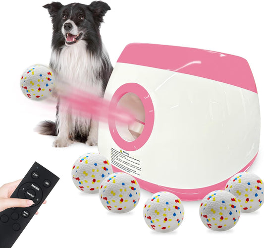 SOCO Automatic Ball Launcher for Dogs Large- 3 Distance Settings (40/60/80FT) w/Remote Control | 2.5" ETPU Tennis Balls | Indoor/Outdoor Dog Toy | 6 Balls & Quick Charge Included