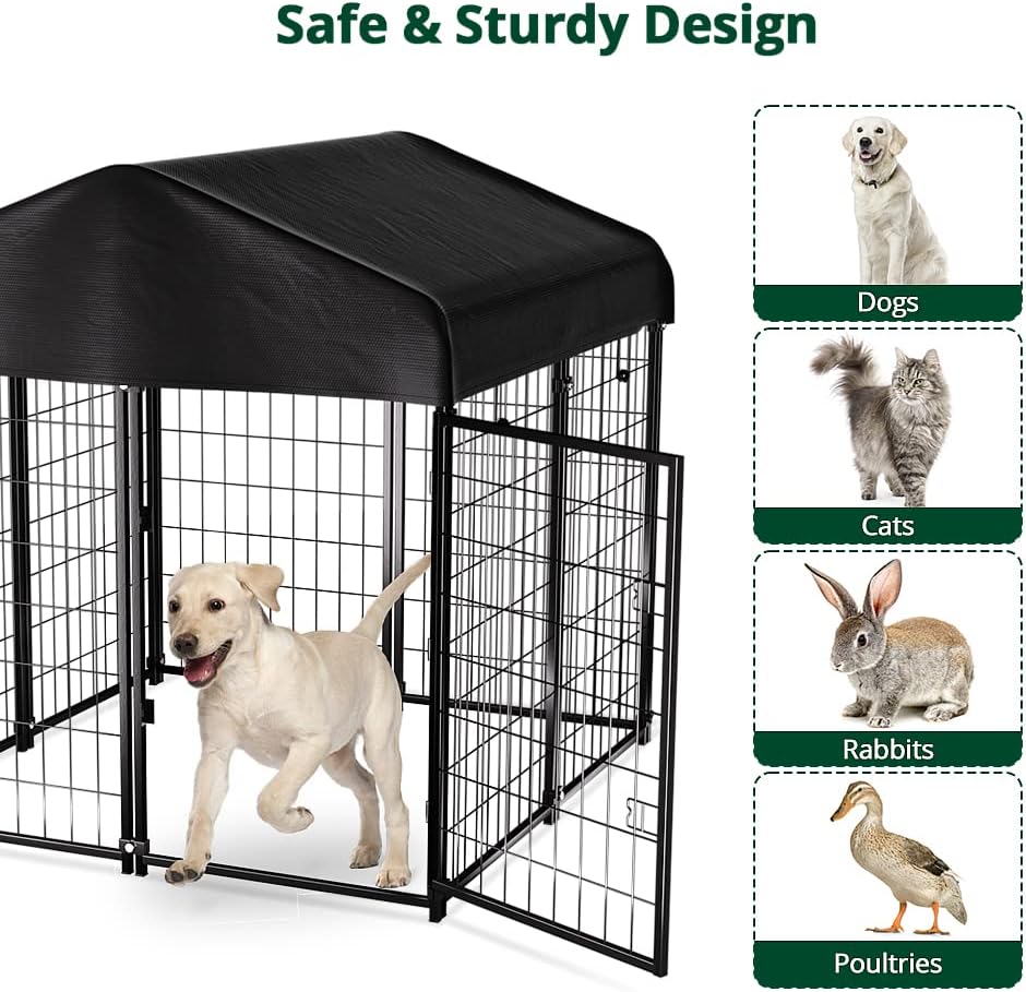 PawGiant Dog Kennel Outdoor, Dog House with Roof Waterproof Cover for Medium to Small Dog Outside 4ft x 4ft x 4.5ft, Pet Enclosures Crate Cage Playpen Run Indoor
