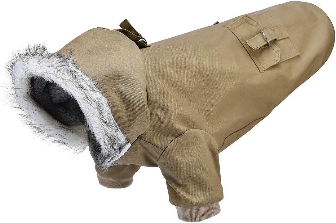 Warm Dog Hooded Trench Coat Windproof Parka Jacket for Cold Weather (L, Khaki)