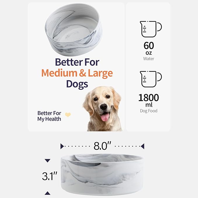 Elevated/Raised Dog Bowl Ceramic for Medium Large Sized Breed,Dog Food Water Bowl with Stand,8 in 7.6 Cups Non Slip Heavy Weighted Marble Grey
