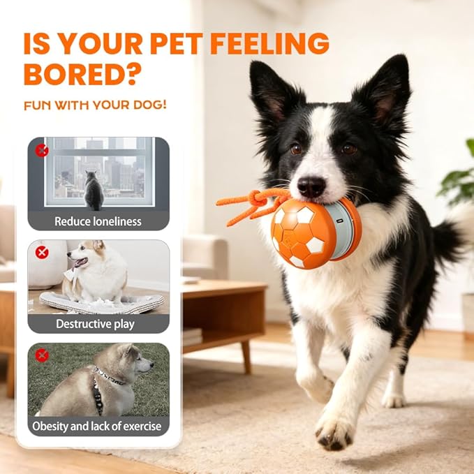 Interactive Dog Balls, Electric Moving and Rolling Enrichment Dogs Ball with Rope, Interactive Pet Ball for Small Medium Large Dogs, Automatic Dog Balls to Keep Them Busy (Orange)