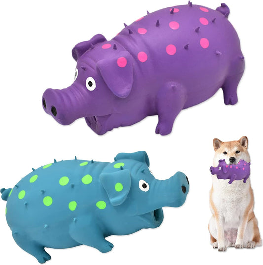 Pig Squeaky Dog Toy, 2 PCS Interactive Rubber Dog Chew Toy - Durable Latex Spot Grunting Pig Toys That Oink for Small Medium Large Dogs (Blue, Purple)