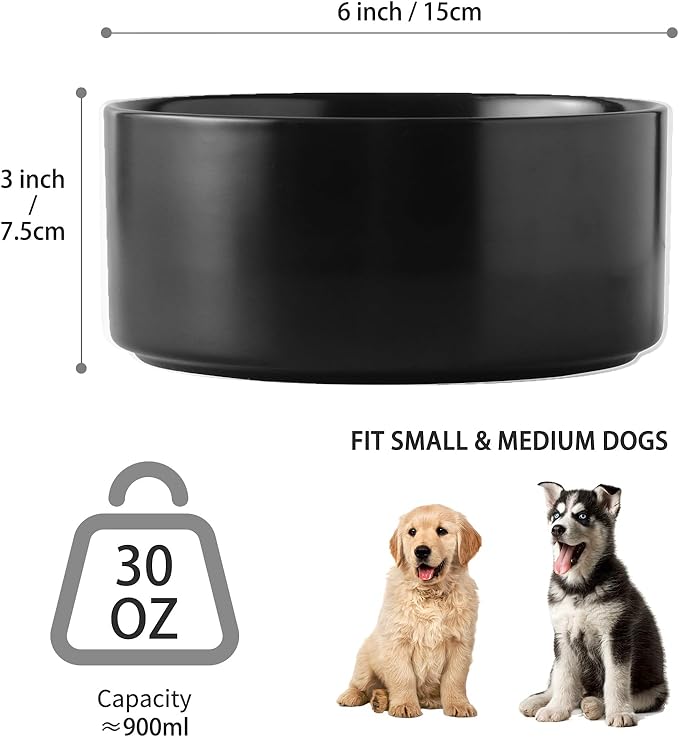 6'' Ceramic Dog Bowl - 30Oz Classic Dogs Food & Water Bowl for Small and Medium Breed Dogs, Heavy Duty Non-Slip Dog Dishes, Food Grade Stoneware Pet Bowl, Dishwasher & Microwave Safe, Black