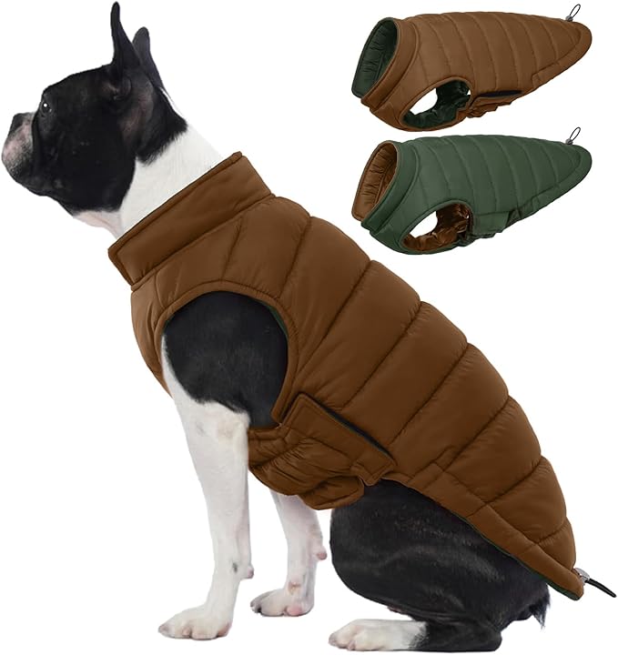 Lelepet Reversible Dog Coat Waterproof Dog Jacket Windproof Puffer Vest for Winter Warm Lightweight Coats for Small Dogs Adjustbale Hook & Loop Pet Apparel with Leash Hole, Shih Tzu, Brown, S