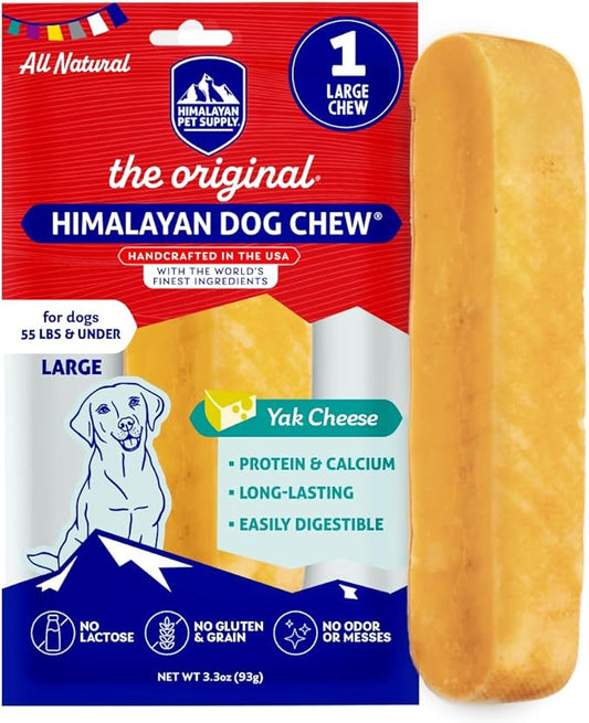 Himalayan Dog Chew Original Yak Cheese Chew, 1 Large Stick, 3.3 oz, Gluten Free, Healthy Treats, Grain & Lactose Free 100% Natural, Long Lasting for Dogs Under 55 lbs