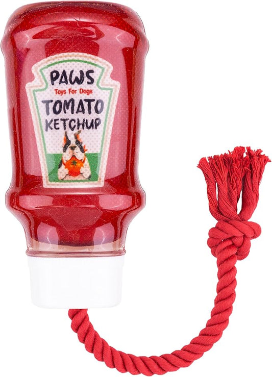 Fuzzl TPR Ketchup Bottle Rubber Dog Toy with Rope – Durable Chew & Tug Toy for Small, Medium & Large Dogs – Tough – Interactive Fetch, Tug-of-War & Dental Health Play