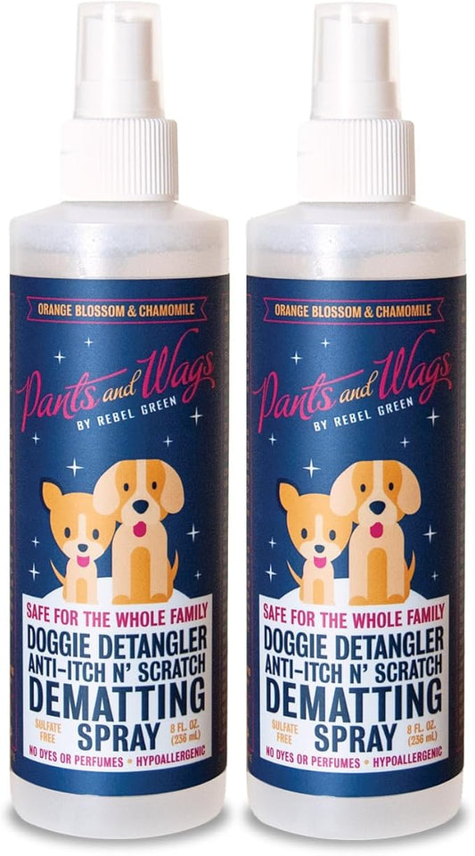 Rebel Green Pants & Wags Anti-Itch & Scratch Dematting Spray - Dog Hair Detangler - Orange Blossom & Chamomile - Hypoallergenic - No Dyes or Perfumes - 8 oz - 2 Pack