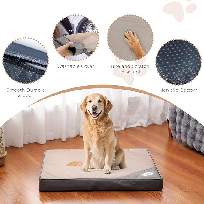 Orthopedic Outdoor Waterproof Dog Beds for Large Dogs, Washable Pet Bed with Egg Crate Foam Pet Bed Mat for Crate and Removable Oxford Fabric Cover,41"x 29",Beige