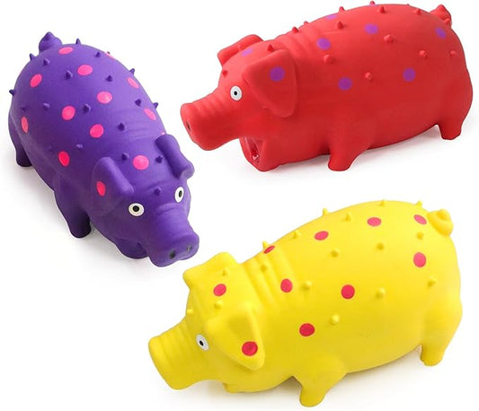 Pig Squeaky Dog Toy, Interactive Grunting Pig Toys That Oink 3 Pack, Rubber Dog Chew Toys Durable Color Spotted Pigs for Medium Large Dogs