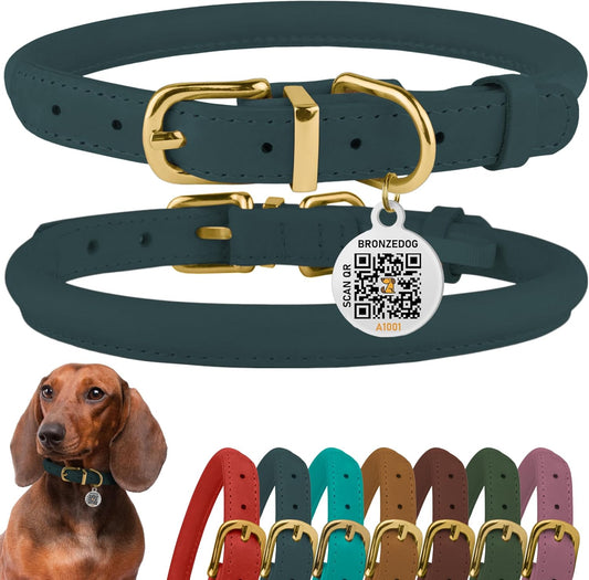 BronzeDog Rolled Leather Dog Collar with QR ID Tag, Adjustable Soft Round Collars for Small Medium Large Dogs Puppy (14" - 16" Neck Size, Denim)