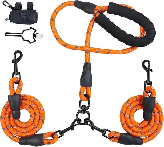 Double Dog Leash for Two Dogs, Heavy Duty Reflective Double Leashes for 2 Dogs, 360° Swivel Dual Dog Leash Tangle Free Large Dogs & Medium Dogs, with 2Pcs Dog Poop Bag Holder, Orange