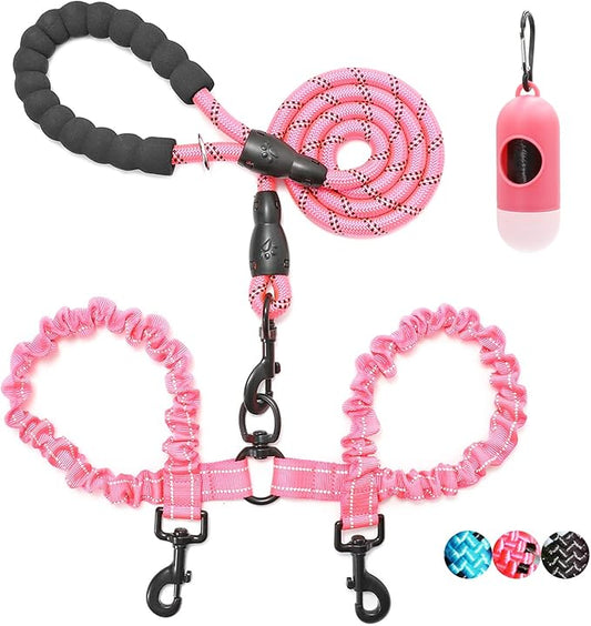 BAAPET Double Dog Leash, 4 FT Rope Dog Leash with Tangle Free Shock Absorbing Bungee and Poop Bags for Dual Small Medium Large Dogs (Medium/Large, Pink)