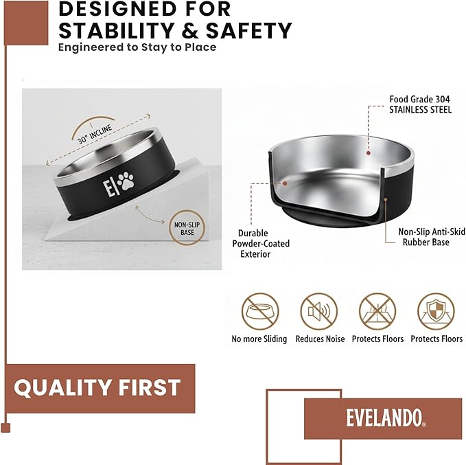 EVELANDO® 32 oz Premium Stainless Steel Dog Bowls – Triple-Insulated Pet Dish Keeps Water Cold & Food Warm – BPA-Free, Non-Slip Base – Durable & Elegant Feeding Bowl for Small & Medium Dogs & Cats