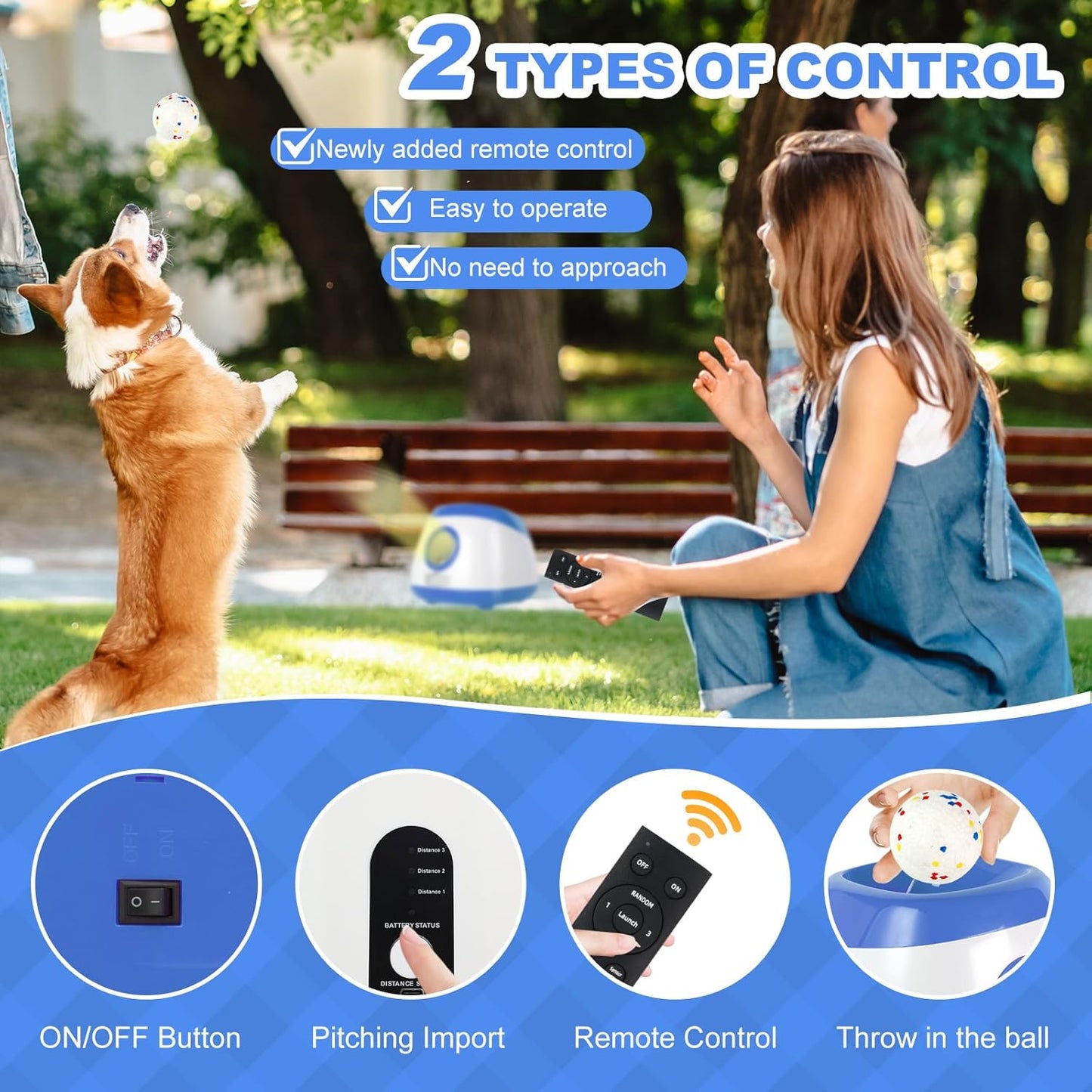 Automatic Ball Launcher for Dogs, 40-80Ft Distance Dog Ball Thrower Launcher, Rechargeable Automatic Dog Balls Launchers with 4 Balls (2.5"), Remote Control Thrower for Medium/Large Dogs (Blue)