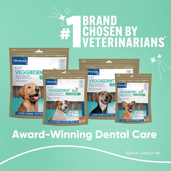 Virbac C.E.T.® VEGGIEDENT® Zen Tartar Control Chews for Dogs - Multifunctional to Support Mental Well-Being, VOHC Approved - Extra Small Under 11lbs
