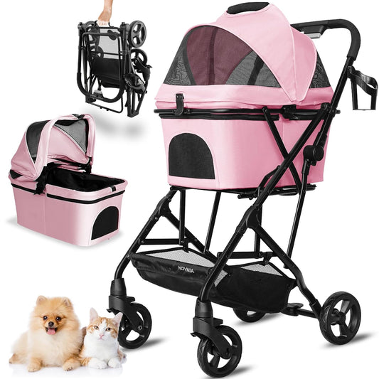 Pet Stroller for Small/Medium Dogs Cats Up to 33lbs, 3 in 1 Foldable Dog Stroller, Car Seat, Detachable Carrier with Anti-Scratch Mesh, Seat Belts, Comfort Cushions - Pink