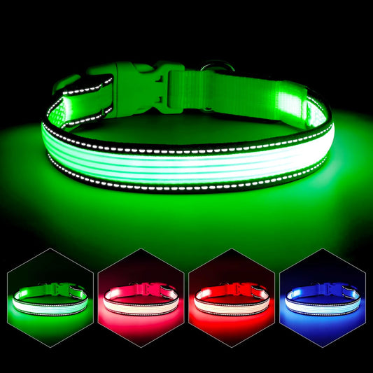 YFbrite Full Adjustbale LED Dog Collar, Full Illuminated Light up Dog Collars, Reflective Dog Collar Light Glowing in The Dark for All Dogs Safety (Medium, Green-2)