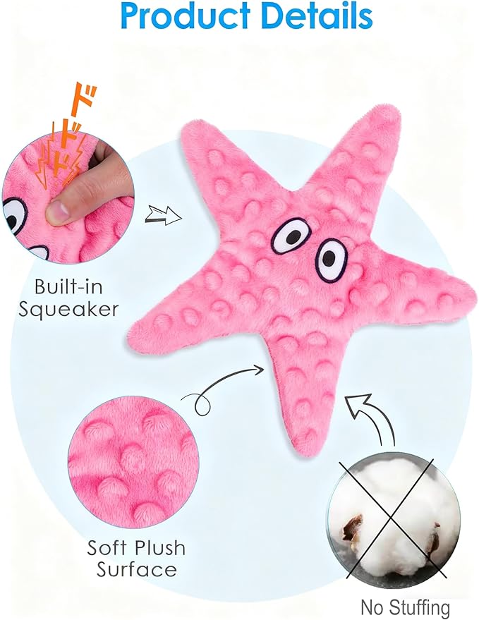 Artinova Dog Squeaky Crinkle Stuffless Chew Toy Easy Puzzle Cute Pink Starfish