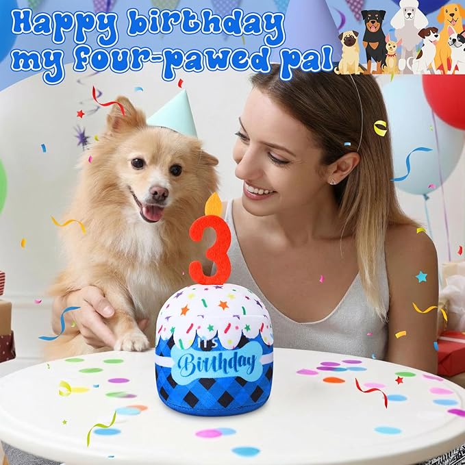 Dog 3rd Birthday Cake Toy Accessories for Girl Boy Gifts, Blue Grid Squeaky Plush Toy for Dog Birthday Party Decor Favor for Large, Medium and Small Dogs