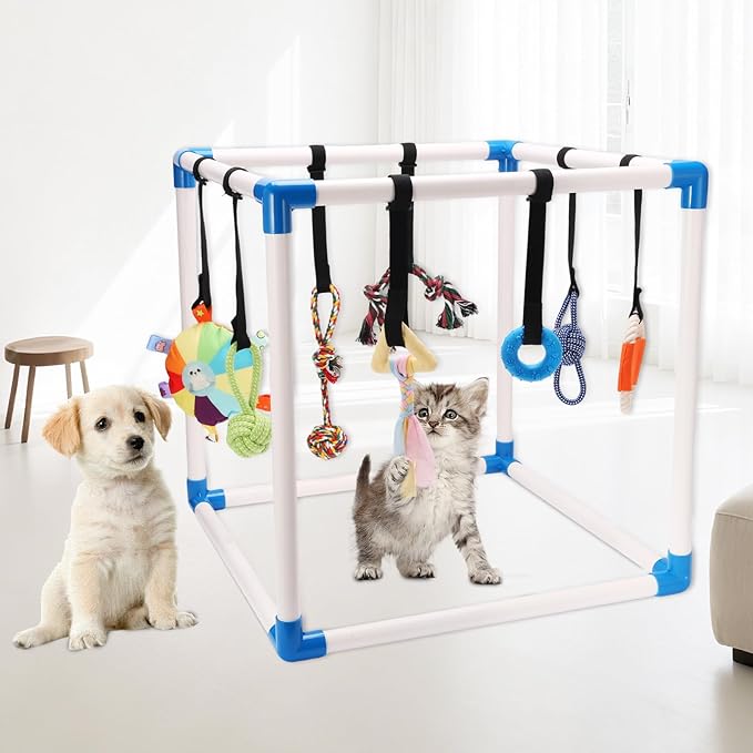 Puppy Play Gym with 8 Hanging Toys -Small Dogs Indoor Jungle Gym-Adjustable PVC Frame, Teething & with Mental Stimulation