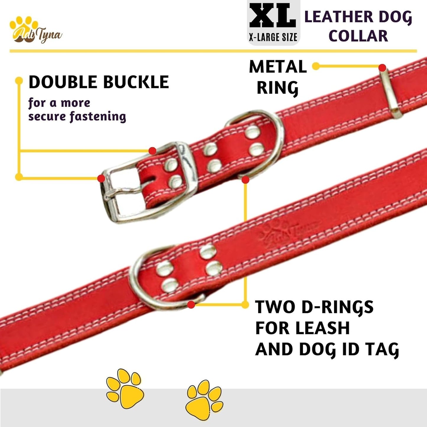 ADITYNA Heavy Duty Leather Dog Collar for Extra-Large Dogs - Soft and Strong Red Leather Collar for XL Breeds