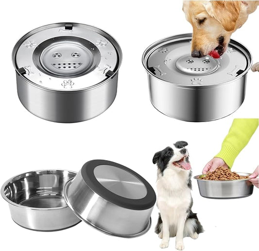 Weighted Stainless Steel Dog Bowl Set for Small Dogs and Cats - 33oz Slow Feeder Water Bowl & 4 Cup Anti-Choke Dish with Non-Slip Silicone Mat, Anti-Tip Pet Feeding Kit(S)