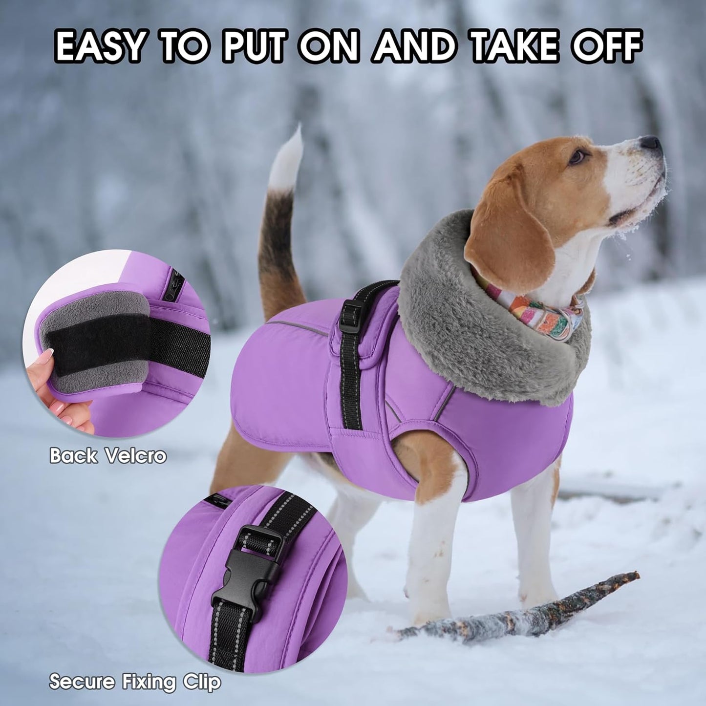 PETDSH Dog Coat Large, Windproof Dog Jacket with Warm Fleece Lining, Thickened Collar Dogs Winter Coat, Adjustable Reflective Pet Coats for Cold Weather (Purple, XX-Large)