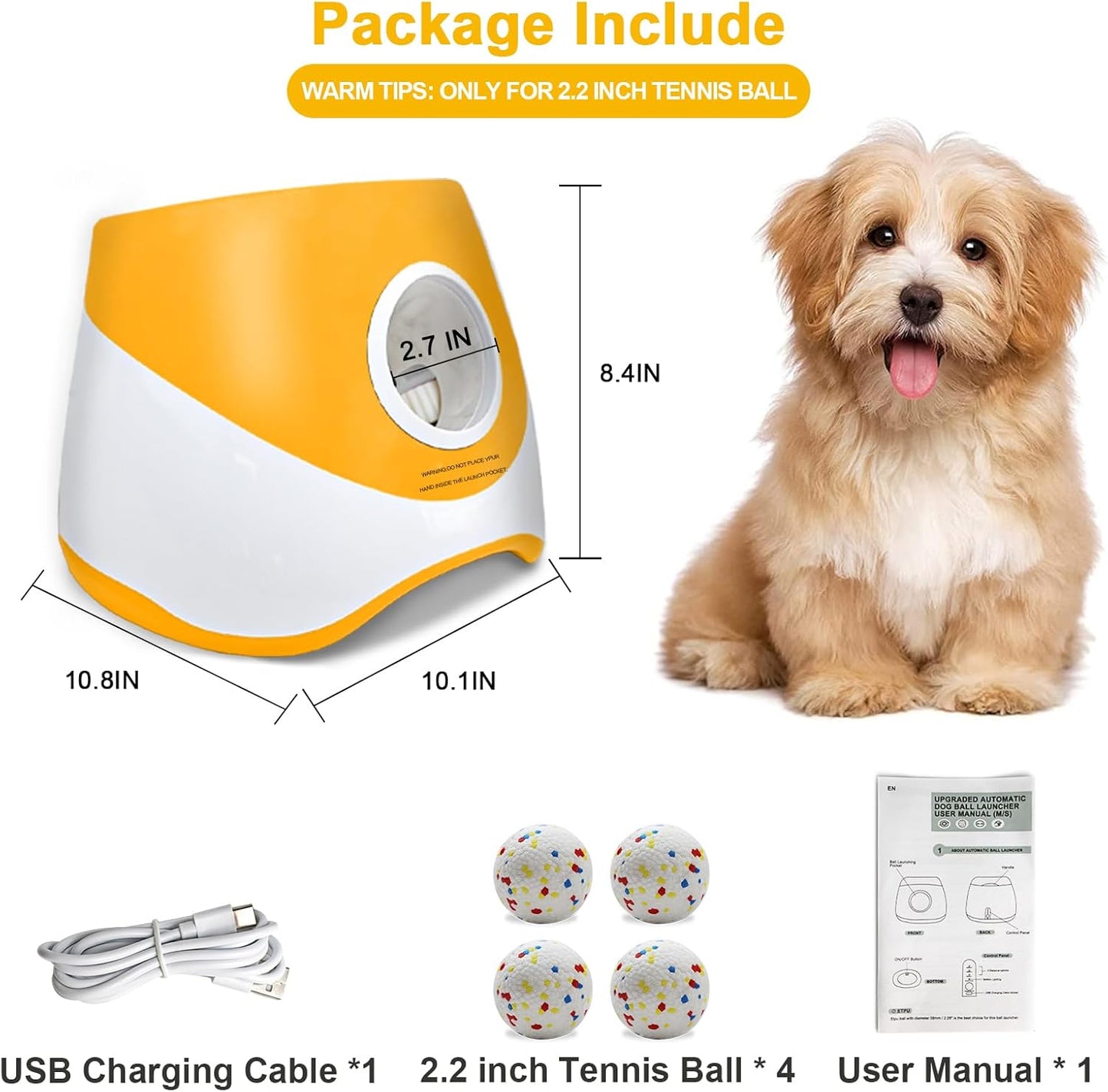 Automatic Ball Launcher for Dogs with Random Mode, 3 Settings to 45FT, Rechargeable Dog Ball Thrower with 4 ETPU Tennis Balls for Small Medium Breeds