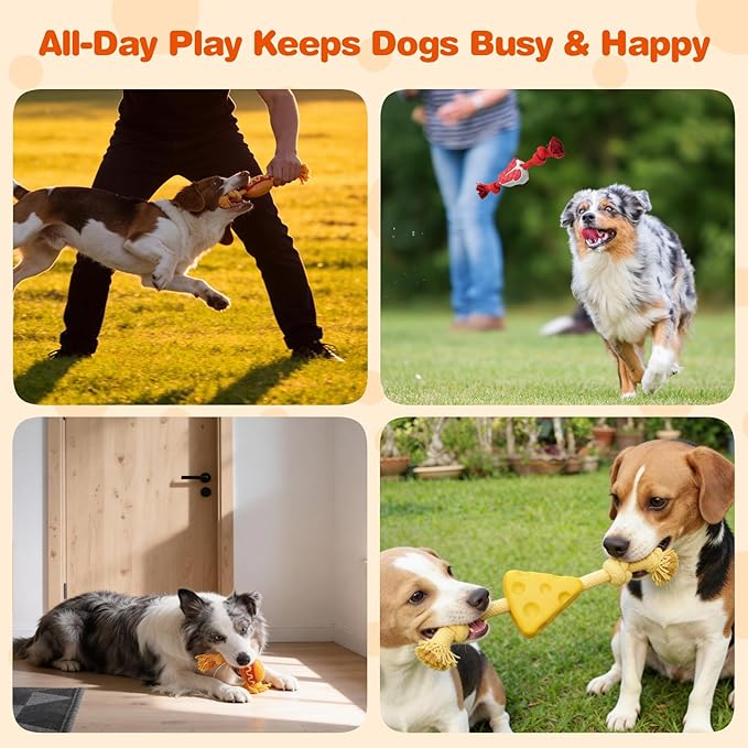 FOFOS Rubber Dog Rope Toys, 3 Pack Cheese Flavored Dog Chew Toys, Rubber Dog Toys with Cotton Rope, Boredom Relief Tug of War Toys for Small Medium Dogs