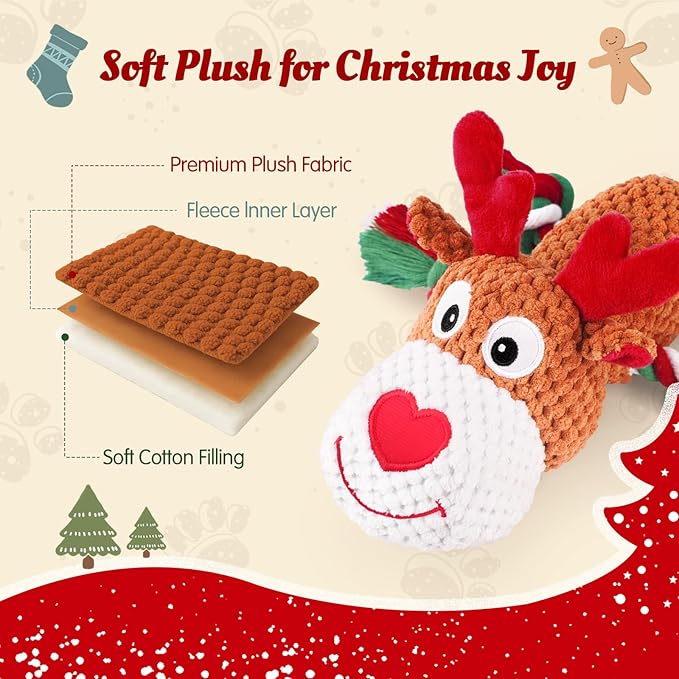 Plush Rope Reindeer Dog Toy – Durable Squeaky Tug Toy for Small, Medium & Large Dogs, Interactive Chew & Fetch Puppy Toy