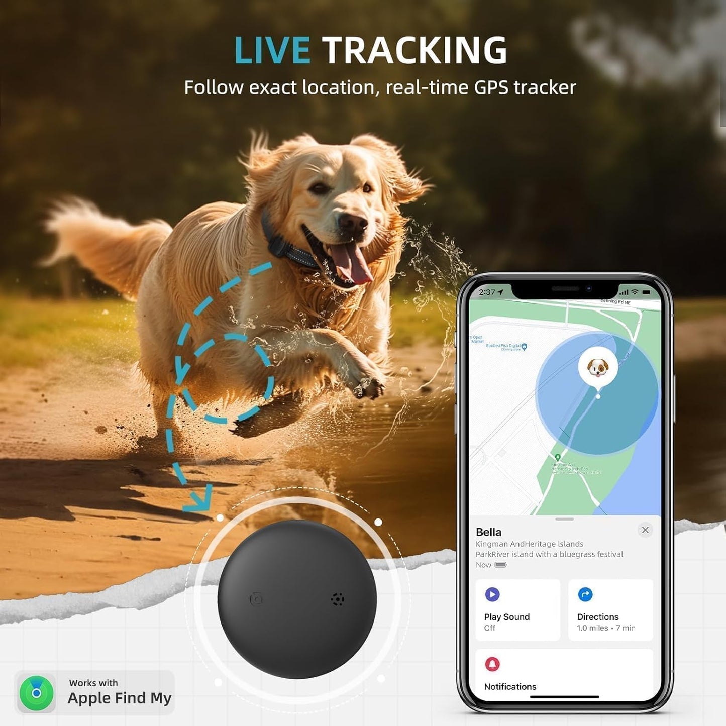 (1 Pack) GPS Tracker for Dogs, Mini GPS Cat Tracker, Smart Pet Activity Tracker (iOS Only), No Monthly Fee, Compatible with Apple Find My, Anti-Lost, Finder Tag for Vehicles/Pets/Kids/Items