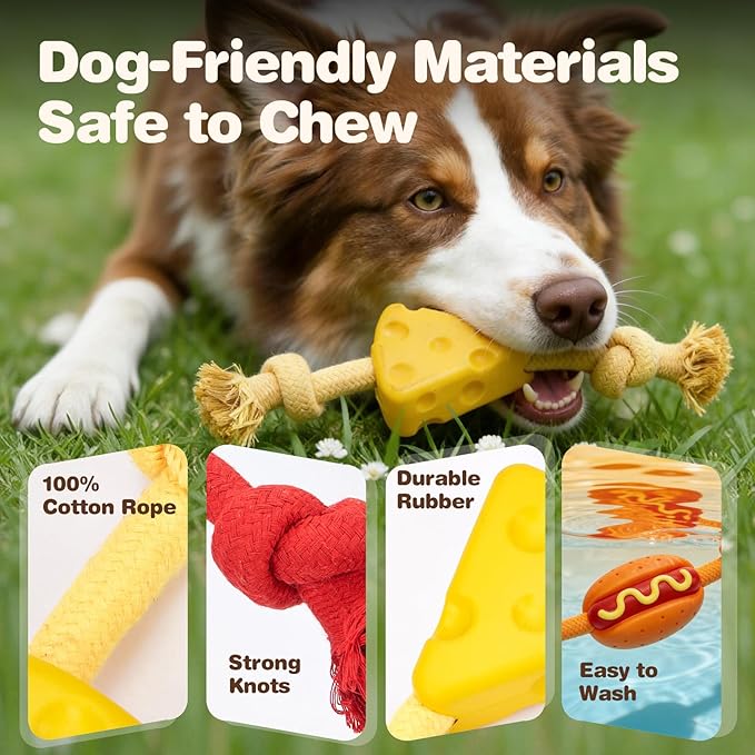 FOFOS Rubber Dog Rope Toys, 3 Pack Cheese Flavored Dog Chew Toys, Rubber Dog Toys with Cotton Rope, Boredom Relief Tug of War Toys for Small Medium Dogs