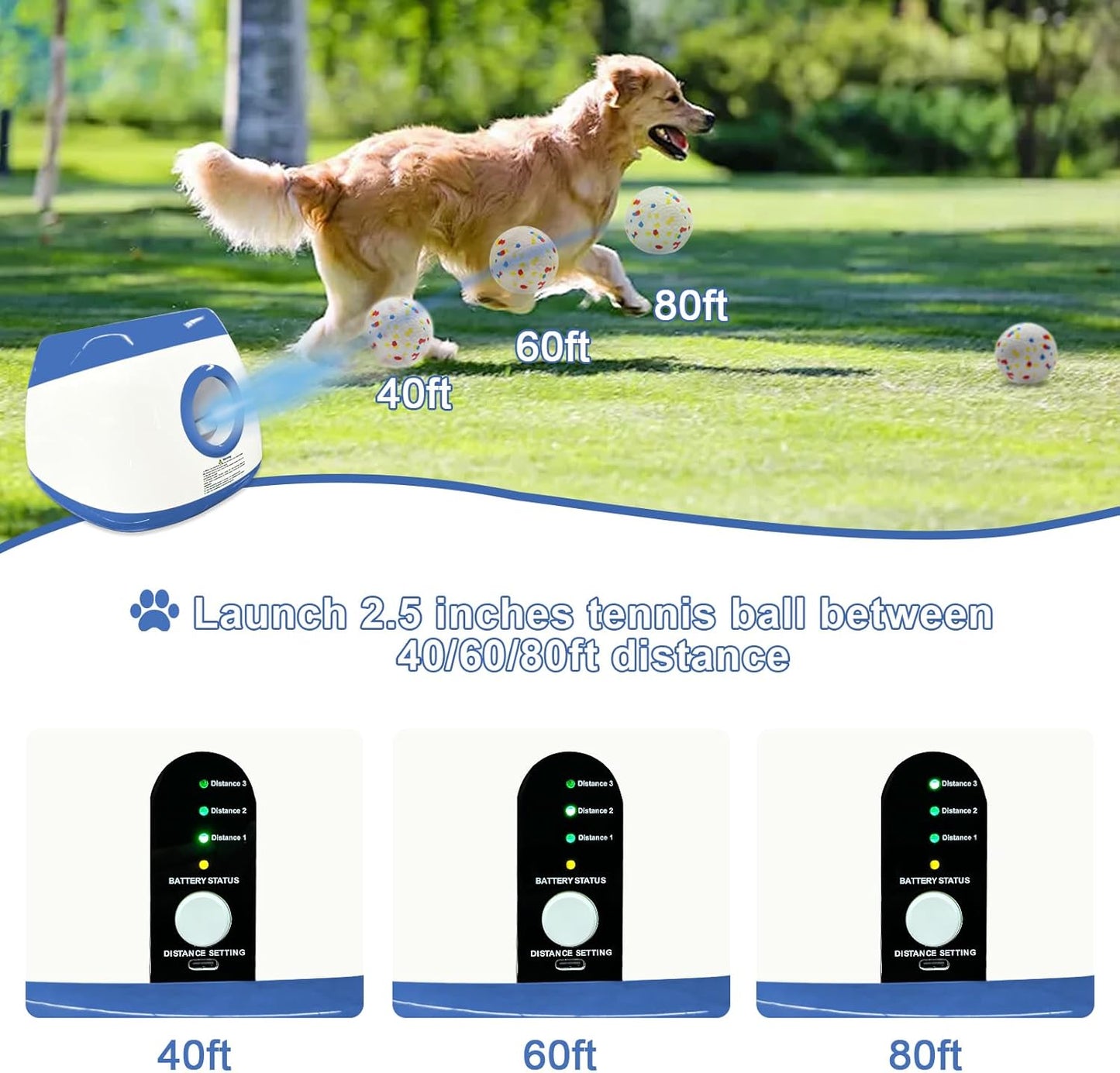 SOCO Automatic Ball Launcher for Dogs Large- 3 Distance Settings (40/60/80FT) w/Remote Control | 2.5" ETPU Tennis Balls | Indoor/Outdoor Dog Toy | 6 Balls & Quick Charge Included