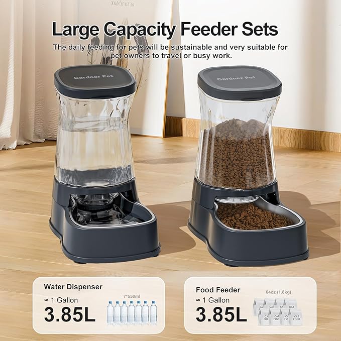 Gardner Pet Automatic Dog Water Dispenser Gravity Stainless Steel Waterer & Food Feeder Set, 100% BPA Free Large Capacity Feeding Bowls for Medium & Large-Sized Dogs Cats Other Pets -(1 Gallon x2)