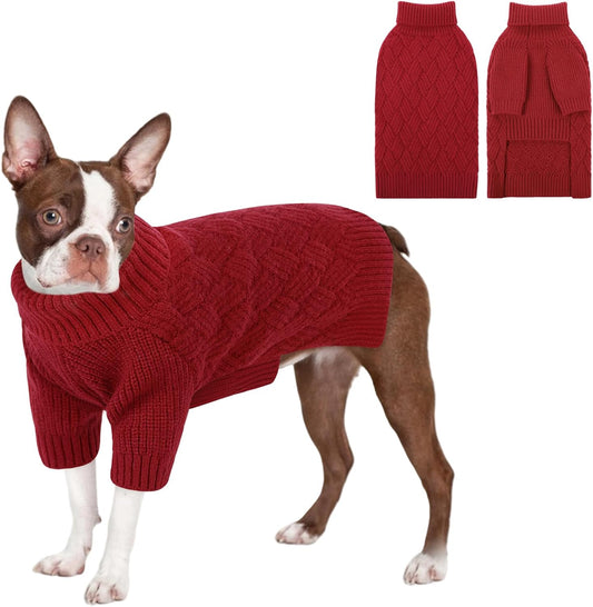 KOESON Large Dog Sweater, Warm Christmas Dog Sweaters for Large Dogs, Cable Knit Sweater for French Bulldog, Pug, Corgi, Boston Terrier, Easy On Xmas Sweaters for Dogs, Red, L