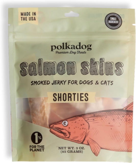 Polkadog Salmon Skins for Dogs (3oz Shortie) – All-Natural Dog Treats – Made in USA, Single Ingredient, Omega-3 Rich, Grain-Free & Hypoallergenic Salmon Jerky for All Breeds