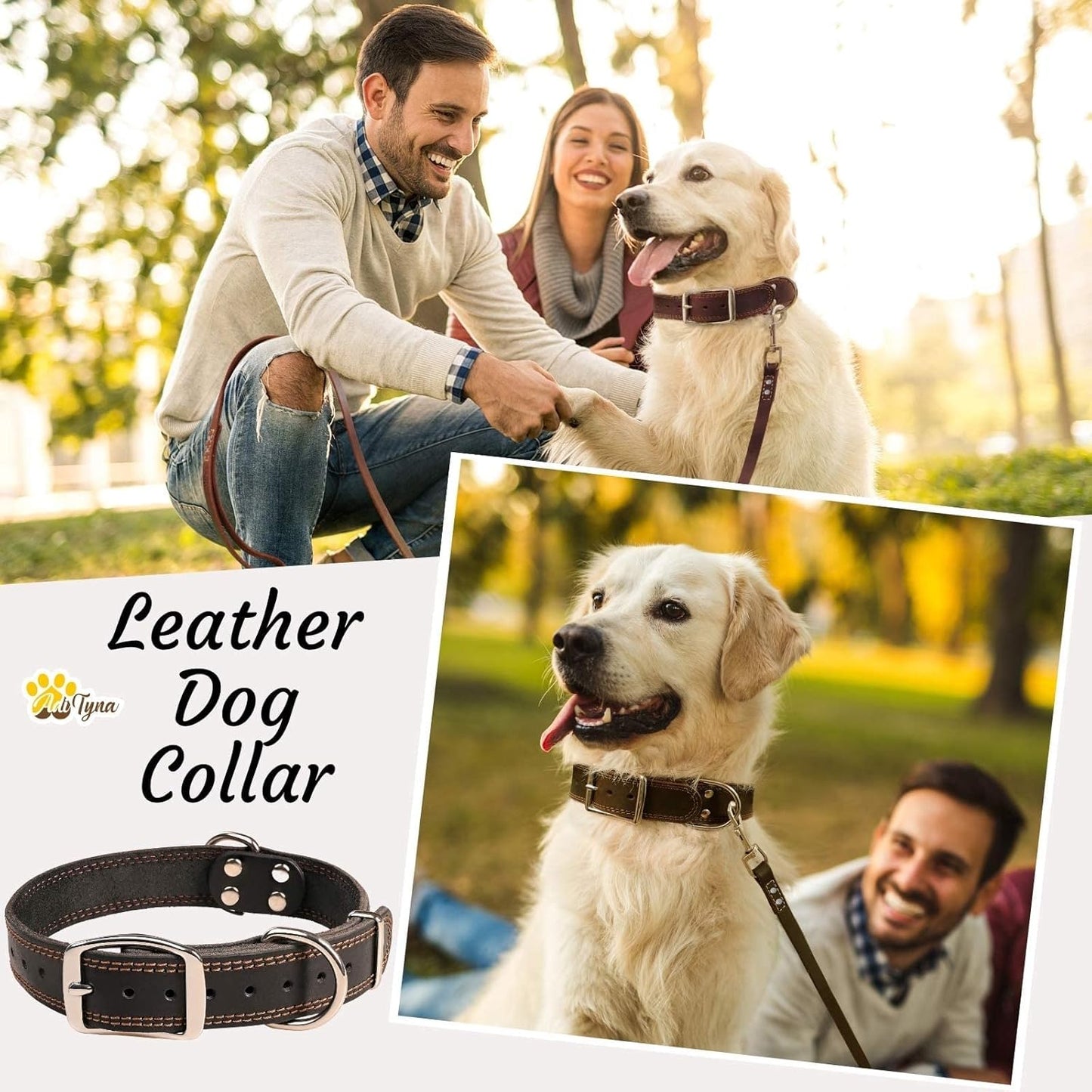 ADITYNA Heavy Duty Leather Dog Collar for Large Dogs - Soft and Strong Black Leather Collar for Walking and Training (Large: Fit 17" - 23" Neck, Black)