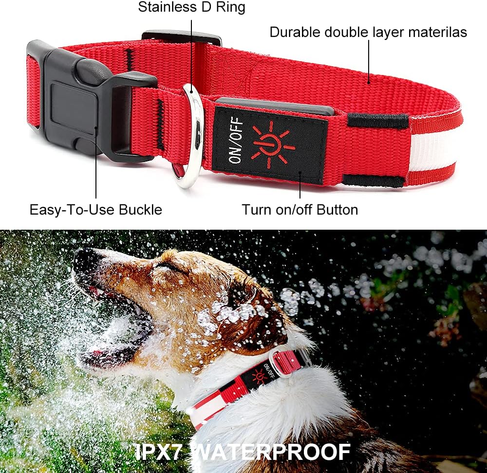 YFbrite Ultra Light Adjustable LED Dog Collar, Light up Dog Collars Rechargeable Glowing in The Dark Collars Visiblity & Safety for Small, Medium, Large Dogs (Red, Small)