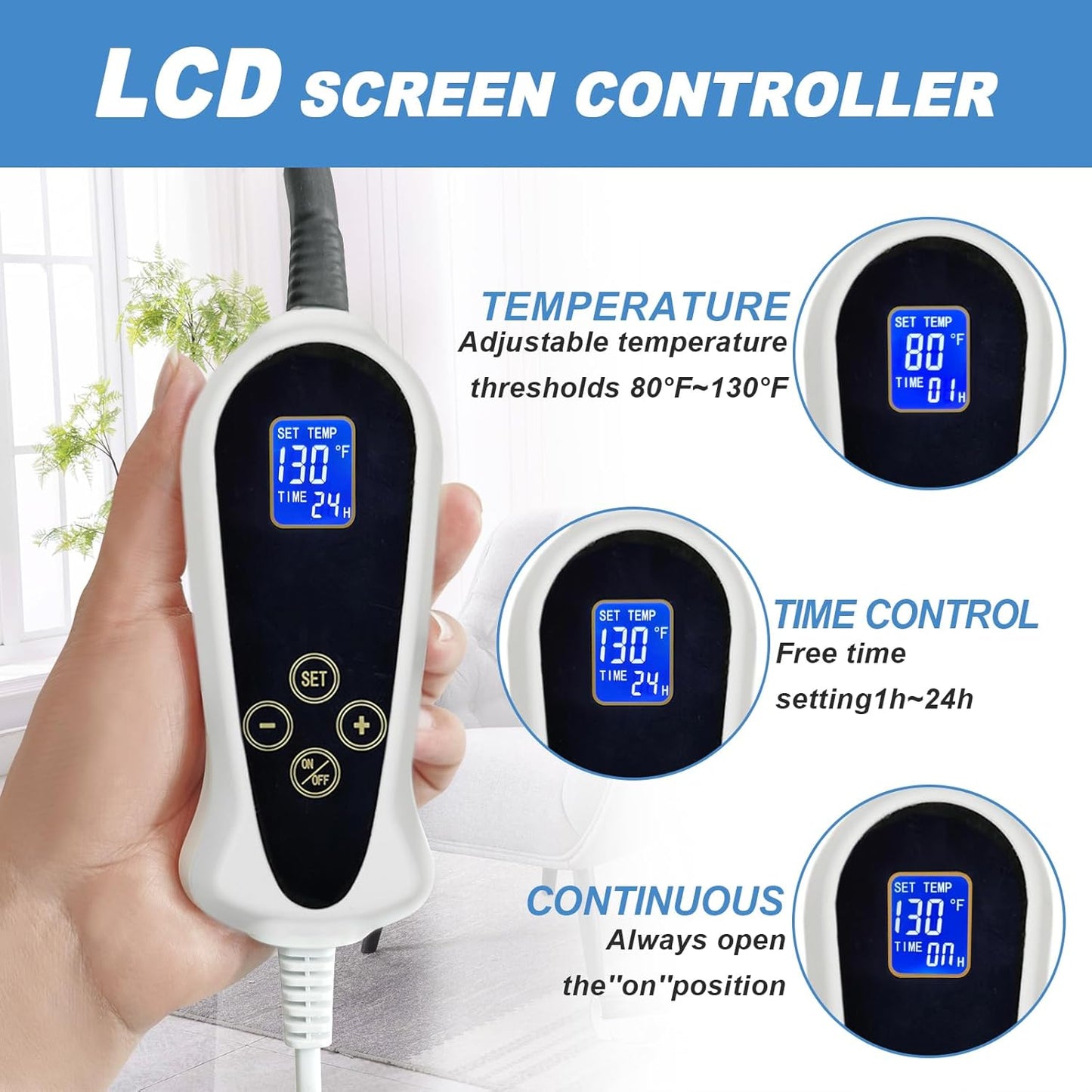 Bestio Heated Dog Bed 34x21in New Smart Thermostatic Switch with Constant-On Functionality UL & MET Dual Certified, Puppy Bed with Steel Cable Protection Tube - Blue