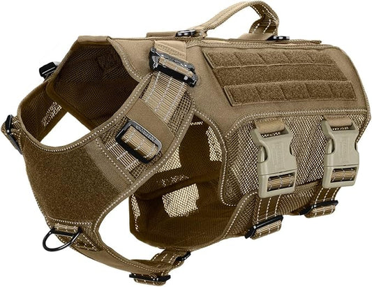 ICEFANG Tactical Mesh Dog Harness for X-Large Dogs,Reflective Dog Molle Vest with Metal Buckles,Hook and Loop Panels,No Pulling Front Clip for Walking Hiking Training (X-Large (Pack of 1), Brown)