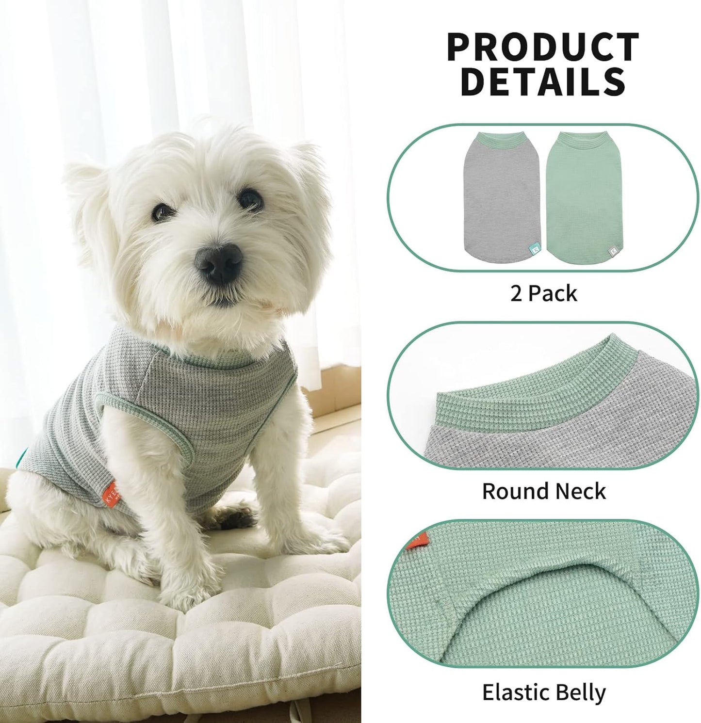 KYEESE 2Pack Dog Shirts Waffle for Small Dogs Stretchy T-Shirts Lightweight Tank Top Sleeveless Vest Breathable Cat Tee, Small, Green+Grey