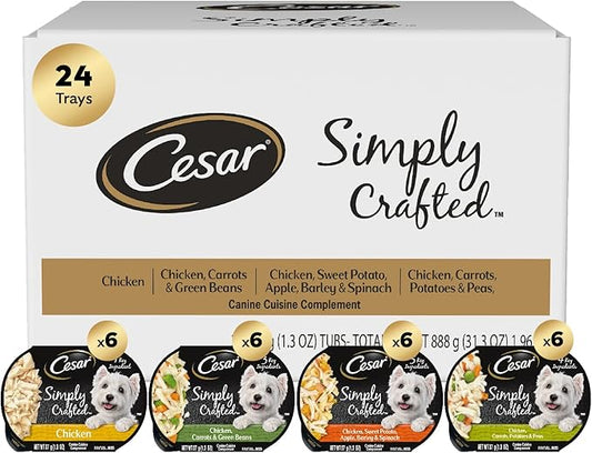 Cesar Simply Crafted Adult Wet Dog Food Meal Topper, Variety Pack, 1.3 oz Tubs (24 Count, Pack of 1)
