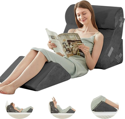 BDEUS 4PCS Bed Wedge Pillow Post Surgery, Orthopedic Sleeping Wedge Pillow Set for Back, Neck and Leg Pain Relief, Acid Reflux, GERD, Memory Foam Support Pillows for After Surgery, Grey