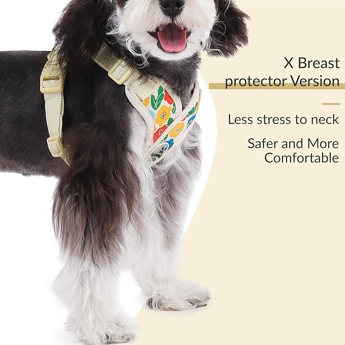 Patas Lague Dog Harness with Leash Set Adjustable Soft Padded Step-in Dog Vest No Choke No Pull Reflective for Small Pets with Poop Bags and Dispenser, Solid and No-chew, Floral Yellow XS