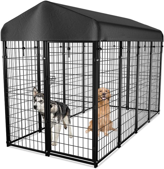 Dog Kennel Outside with Roof, 8'x6'x4' Outdoor Dog Kennels for Large Dogs, Heavty Duty Welded Dog Crate Playpen with UV-Resistant Waterproof Cover