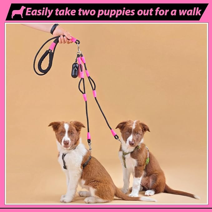 Thinkday Hands Free Double Dog Leash with 2 Dog Poop Bags No Tangle Dual Leash 5.9 ft Multifunctional Crossbody Rope with Padded Handles for Medium Small Breeds Lead for 2 Dogs, No Pull, Tangle Free